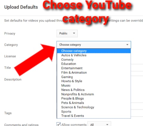 Choose YouTube category